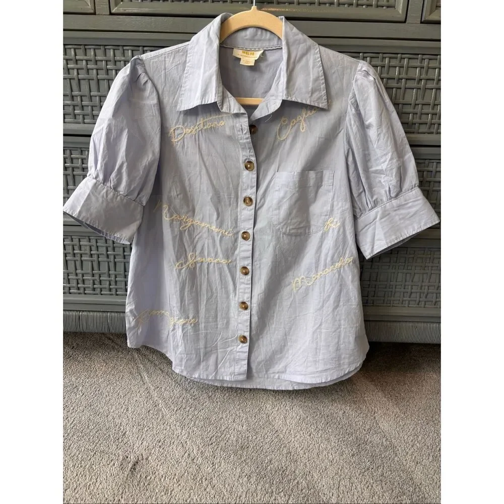 Anthropologie Blue Embroidered European feminine Puff Sleeve Button-Down Blouse,